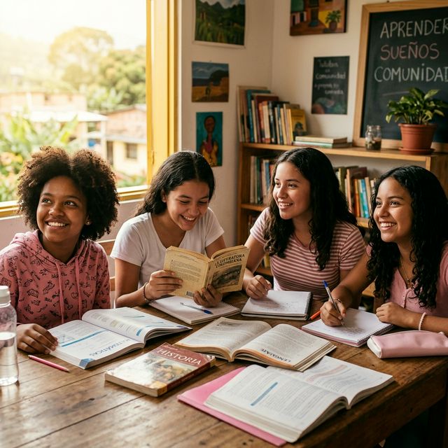 Niñas estudiando y sonriendo